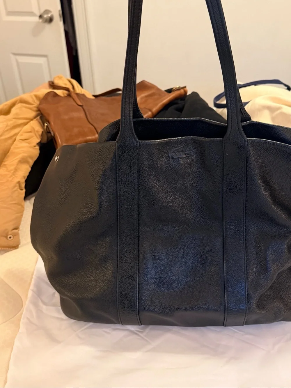 Lacoste Black Pebbled Leather Laptop Tote